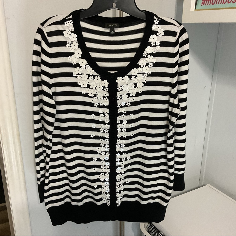 Talbots Knit B&W Stripped Cardigan Sweater Size L